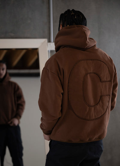 BROWN OVERSIZED DISTRESSED TONAL HOODIE